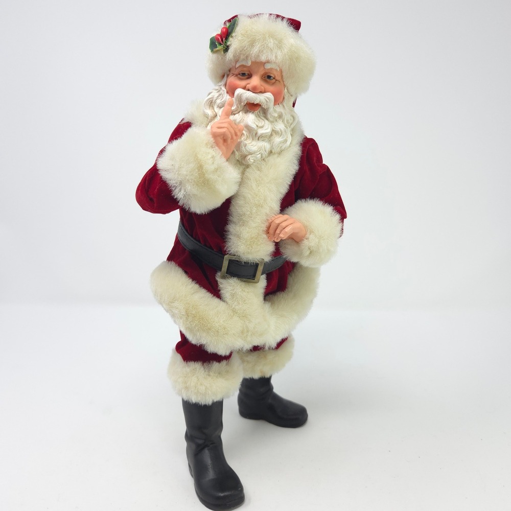 Vintage Style Shushing Santa Claus Figurine Red Velvet Suit Faux Fur 11.5"